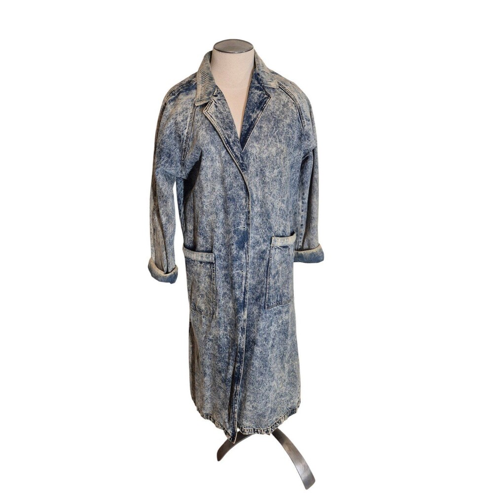 Vintage 80s 90s Womens Denim Trench Coat Long Acid Wash Denim Coat Blue Sz M